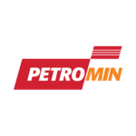 logo of petromin with bold white and orange text and red motion lines representing automotive speed and energy
