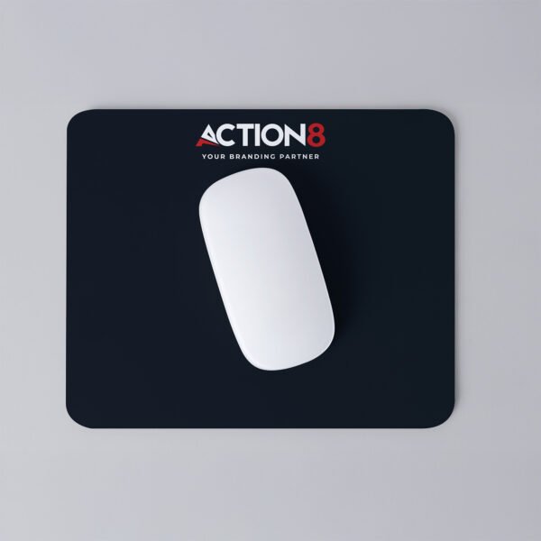 Black mousepad with the Action8 logo and "Your Branding Partner" tagline, featuring a white mouse.