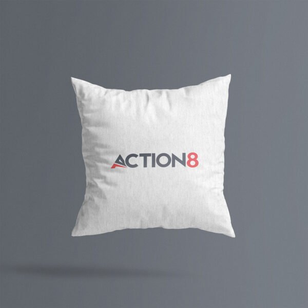 White cushion with the Action8 logo printed on the front, showcasing branding design.