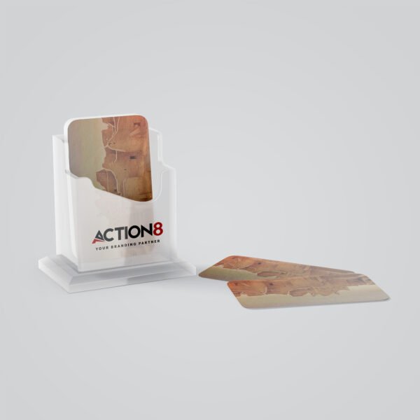 Premium business card holder with ACTION8 branding and abstract design cards for corporate identity in Saudi Arabia