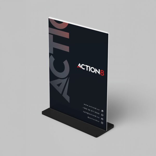 Table stand with Action8 branding, contact details, and website displayed in a modern design.