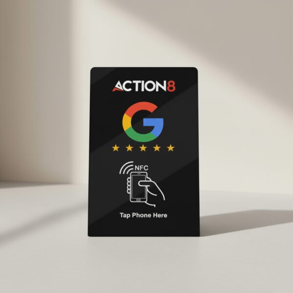 NFC-enabled card with Action8 branding and Google logo, featuring a 5-star rating and instructions to tap a phone.