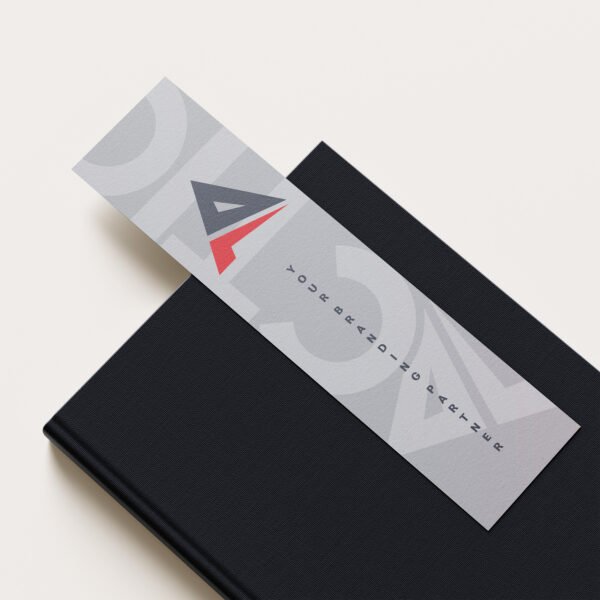Minimalist branded bookmark with geometric Action8 logo and the message “YOUR BRAND – YOUR FUTURE” for corporate gifting and promotional stationery in Saudi Arabia