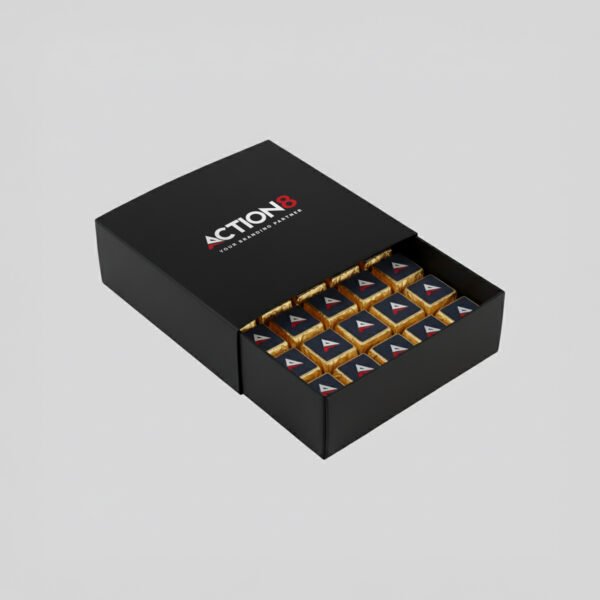 Premium black gift box with branded Action8 chocolates for corporate gifting and promotional branding in Saudi Arabia