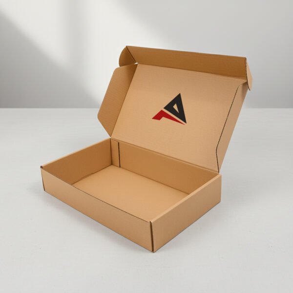 Open brown cardboard box with Action8 logo printed inside lid for custom packaging services in Saudi Arabia