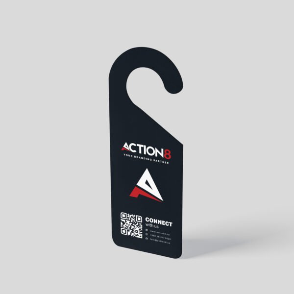 Branded door hanger with Action8 logo, tagline, and contact info for promotional printing and corporate marketing in Saudi Arabia