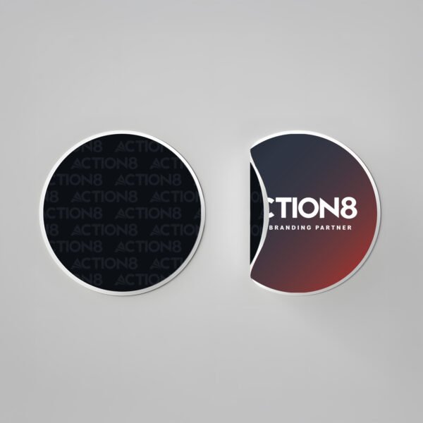 Two branded Action8 circular coasters showcasing custom printing for corporate marketing and events in Saudi Arabia