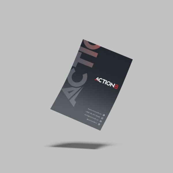 Minimalist business card with vertical “ACTION” lettering and bold contact details for premium branding and executive networking in Saudi Arabia