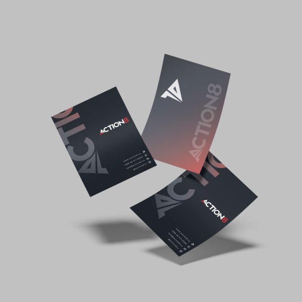 Flyer Printing Services with sleek Action8 branding and contact details for premium corporate identity and professional networking in Saudi Arabia