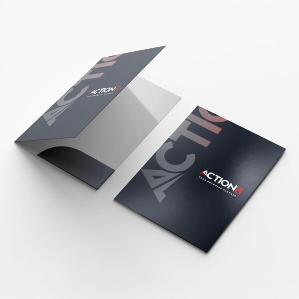 ACTION8-branded presentation Folder Printing Services with vertical “ACTION” lettering and bold logo for premium corporate identity and client-ready marketing kits in Saudi Arabia