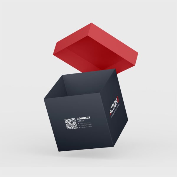 Branded Action8 packaging box with contact details for corporate printing and promotional services in Saudi Arabia