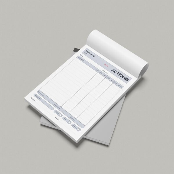 ACTION8-branded invoice pad with structured fields for professional billing, service tracking, and payment documentation in Saudi Arabia