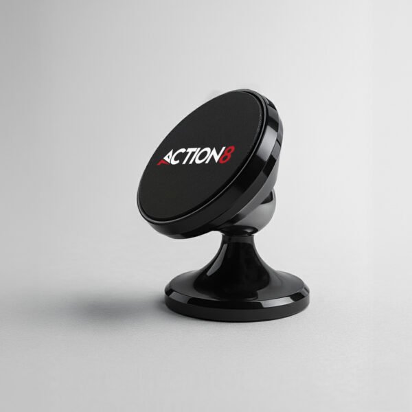 Sleek black magnetic mobile holder with ACTION8 branding for hands-free phone use in car or office