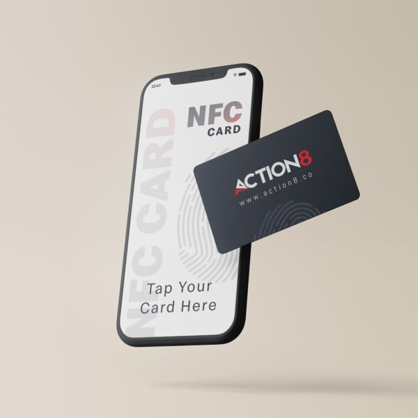 Custom printed NFC card with ACTION8 branding for contactless business interactions in Saudi Arabia