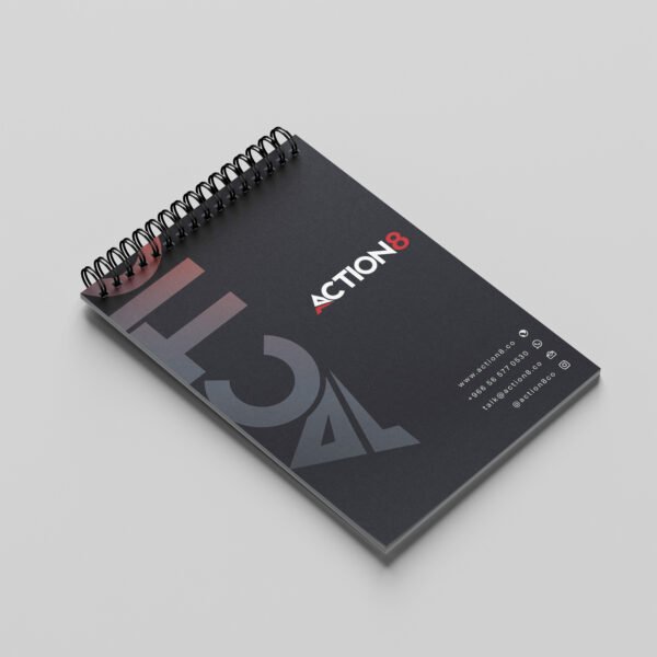 Custom Office Notepads with bold vertical lettering and Action8 branding for professional stationery and corporate gifting in Saudi Arabia