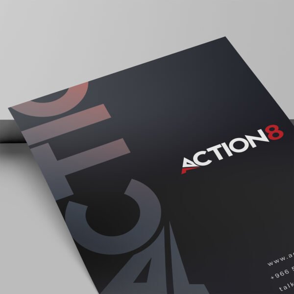 Action8 branded Poster Printing Services featuring a sleek design with modern typography and company contact details.
