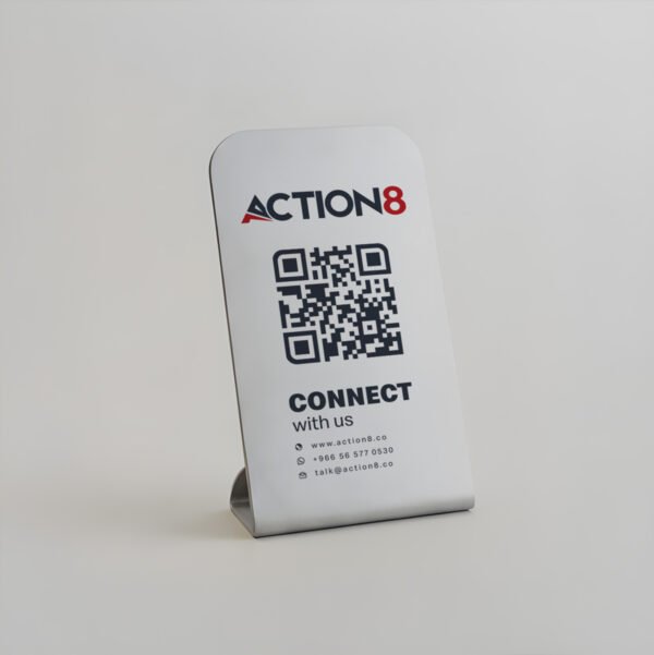 Stand-up sign with Action8 branding, QR code, and contact information for connecting with the company.