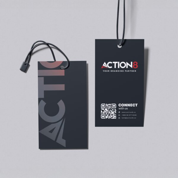 Dual black branding tags with Action8 logo, QR code, and contact info for premium fashion packaging and corporate identity in Saudi Arabia