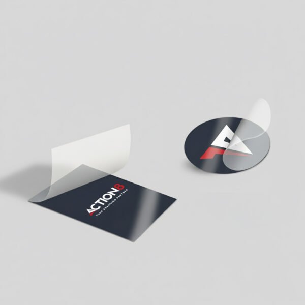 Action8 branded stickers, with one being peeled off to reveal the logo on a circular design.